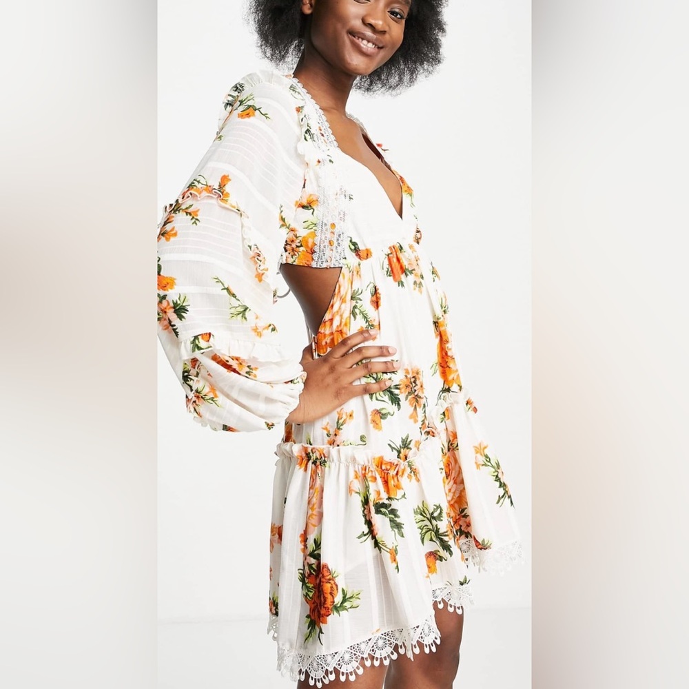 ASOS DESIGN lace insert tiered mini dress with trim in floral print - Picture 4 of 6